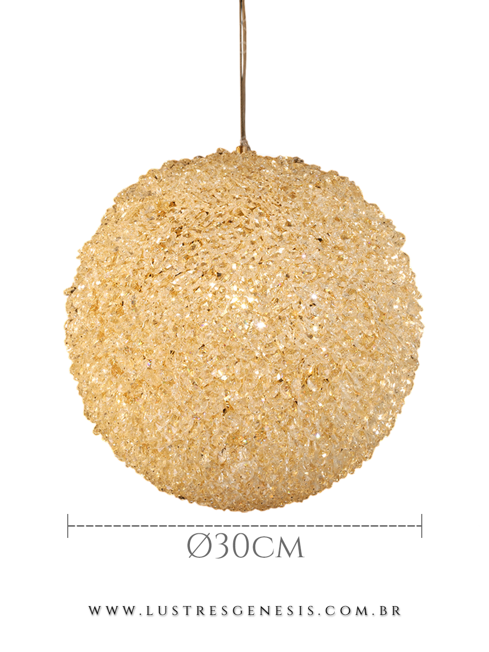 Lustre Pendente Cristal Dourado Esfera Ø30cm E14, Cabeceira de Cama, Banheiro, Lavabo, Balcao de Cozinha, Bancada Area Gourmet